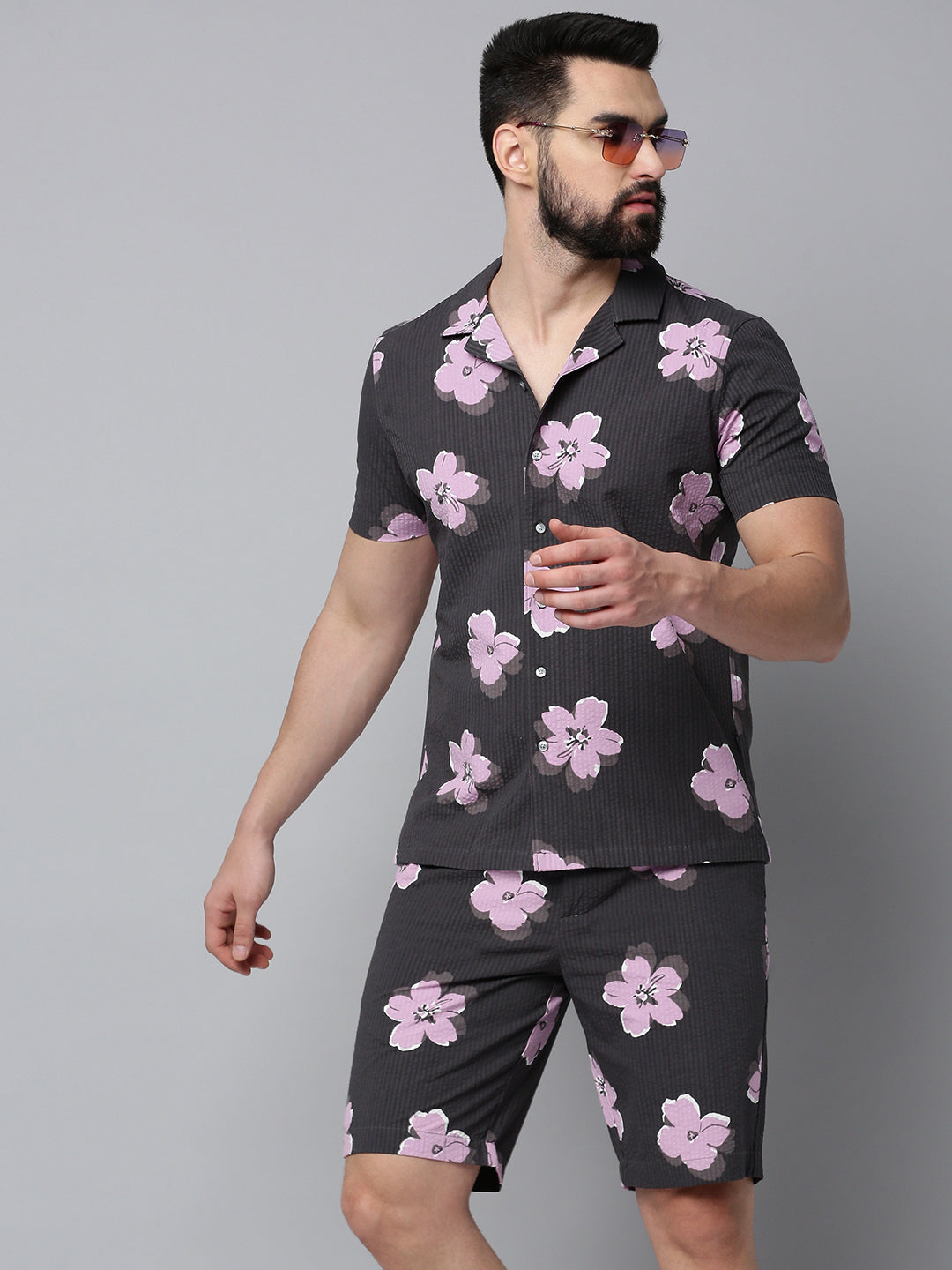 Men Grey Printed Casual Co-Ord Set