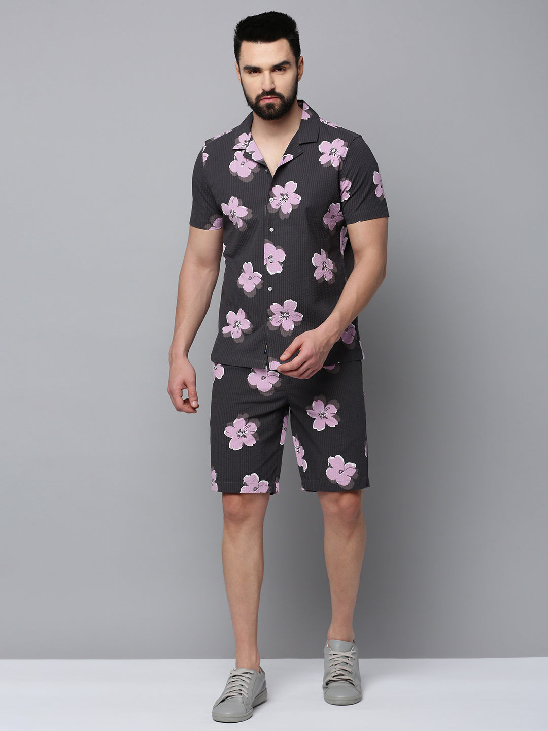 Men Grey Printed Casual Co-Ord Set