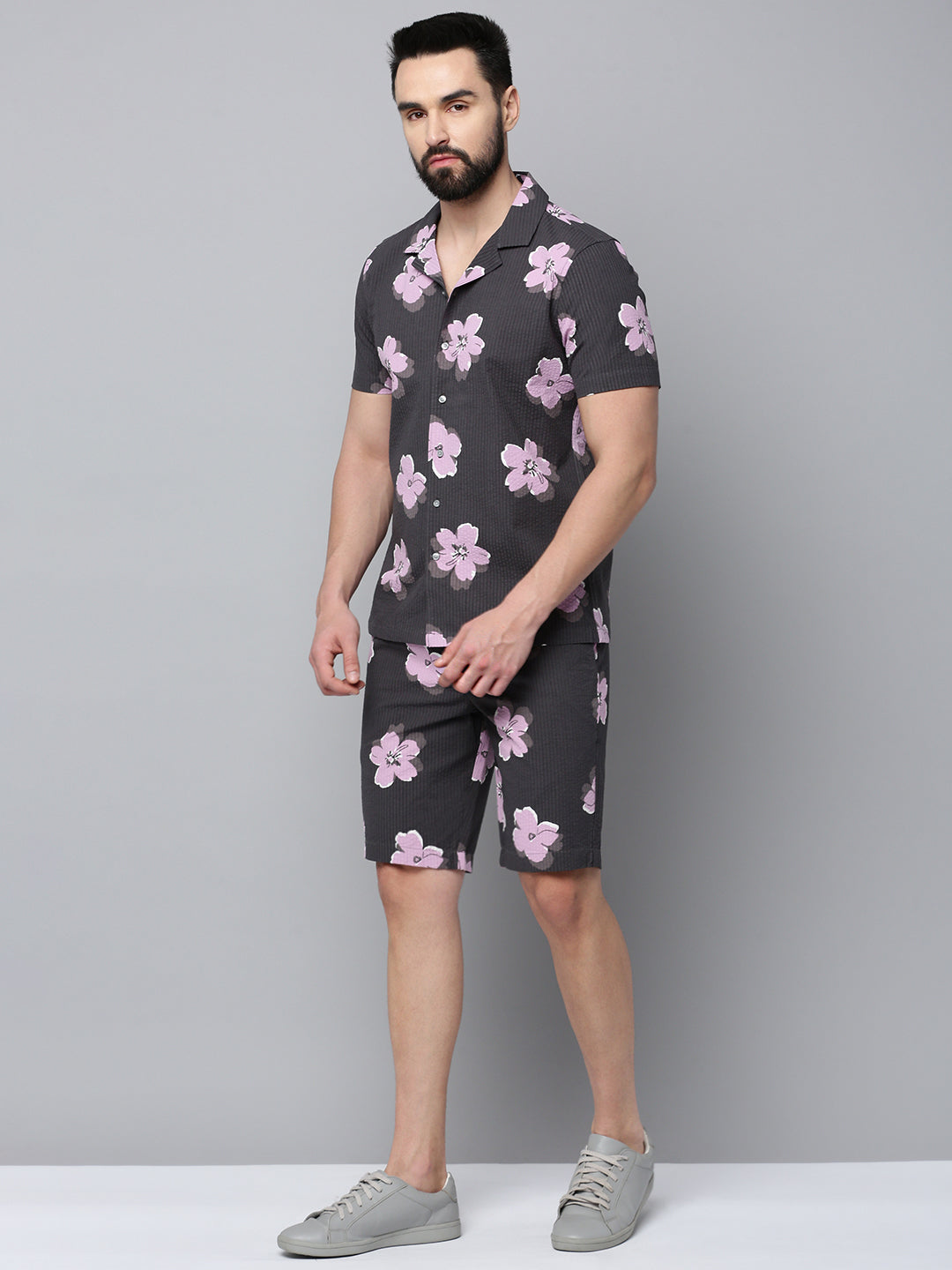 Men Grey Printed Casual Co-Ord Set