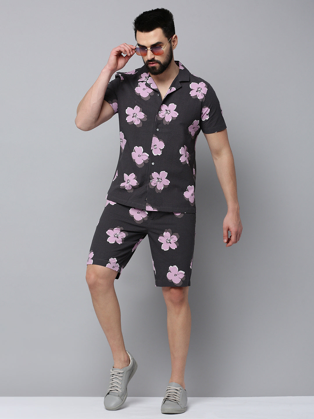 Men Grey Printed Casual Co-Ord Set