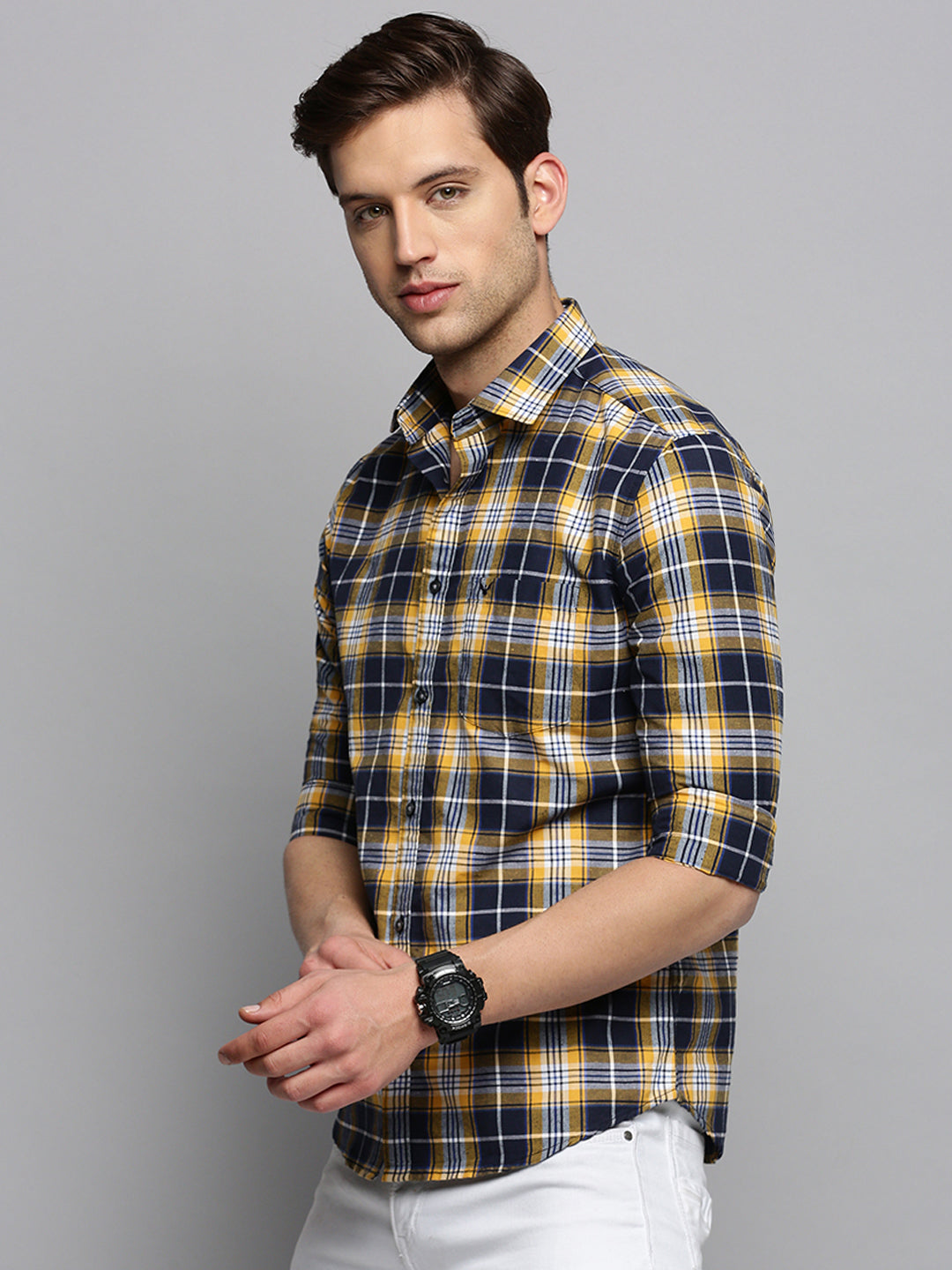 Men Navy Checked Casual Shirt