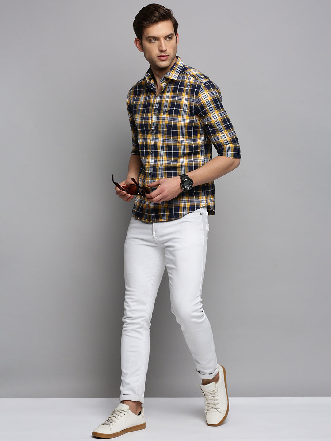 Men Navy Checked Casual Shirt