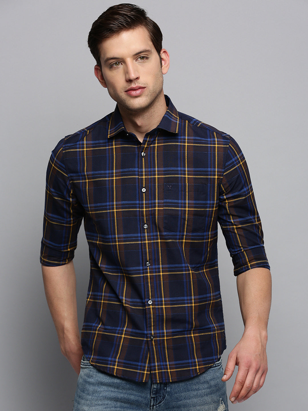 Men Navy Checked Casual Shirt