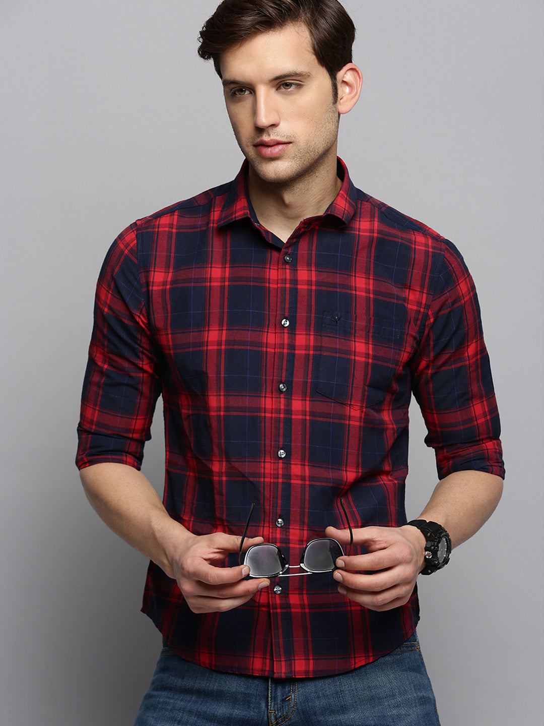 Men Navy Checked Casual Shirt