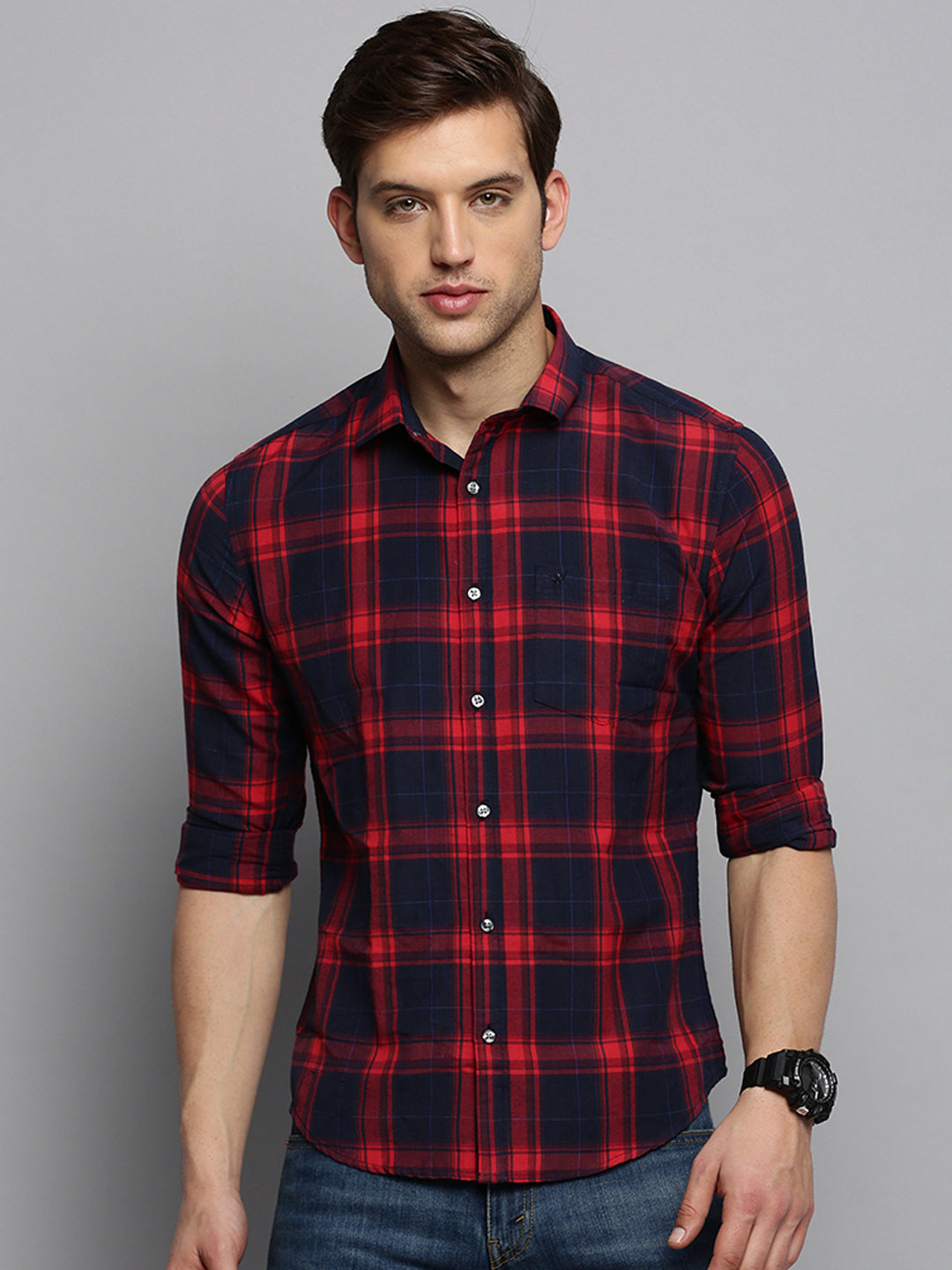 Men Navy Checked Casual Shirt