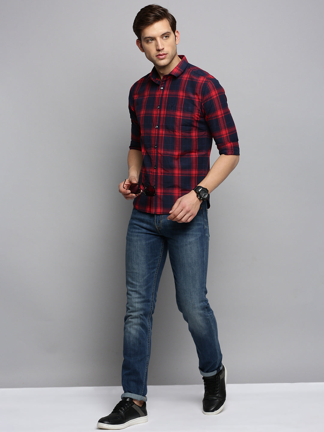 Men Navy Checked Casual Shirt