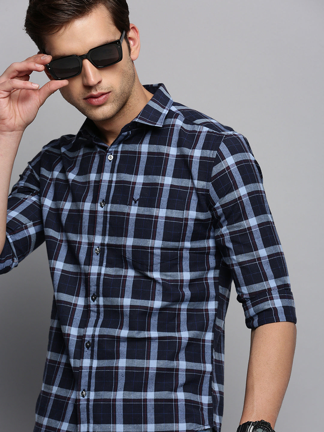 Men Navy Checked Casual Shirt