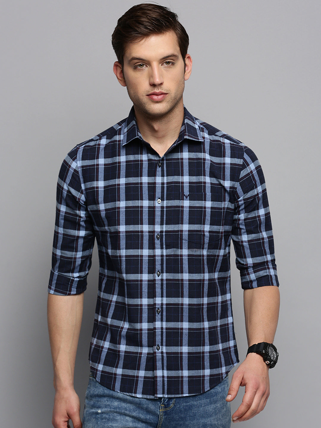 Men Navy Checked Casual Shirt