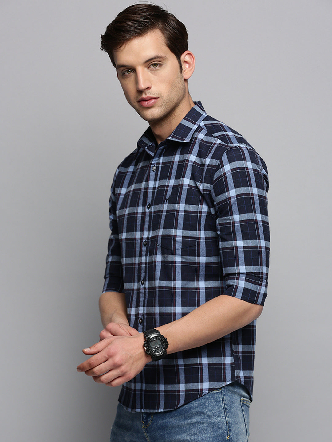 Men Navy Checked Casual Shirt