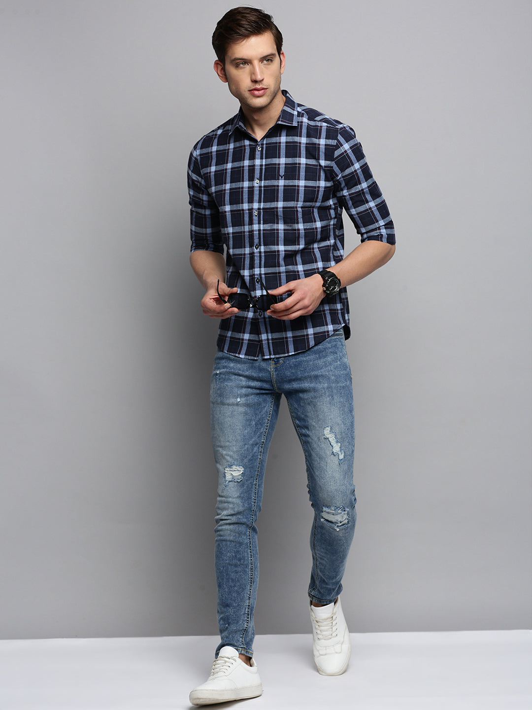 Men Navy Checked Casual Shirt