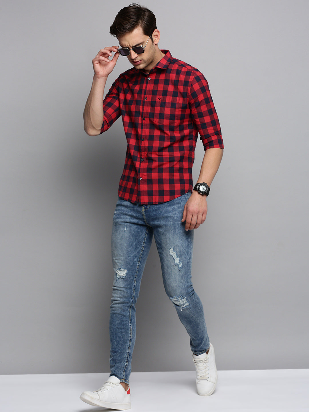 Men Red Checked Casual Shirt