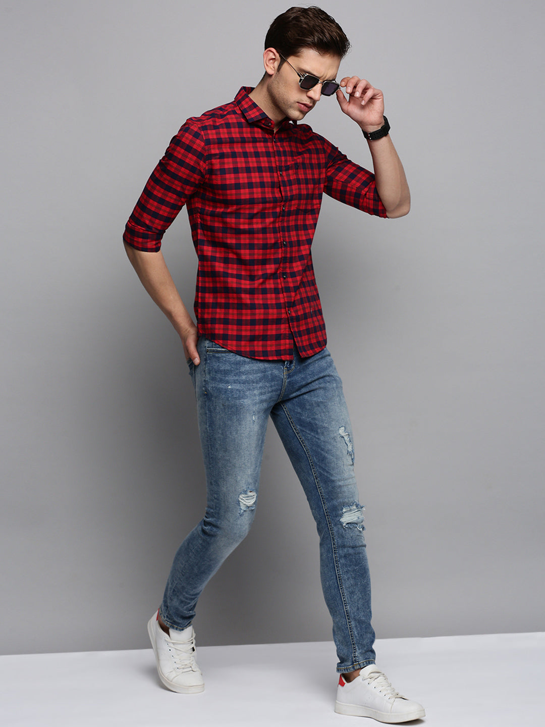 Men Red Checked Casual Shirt