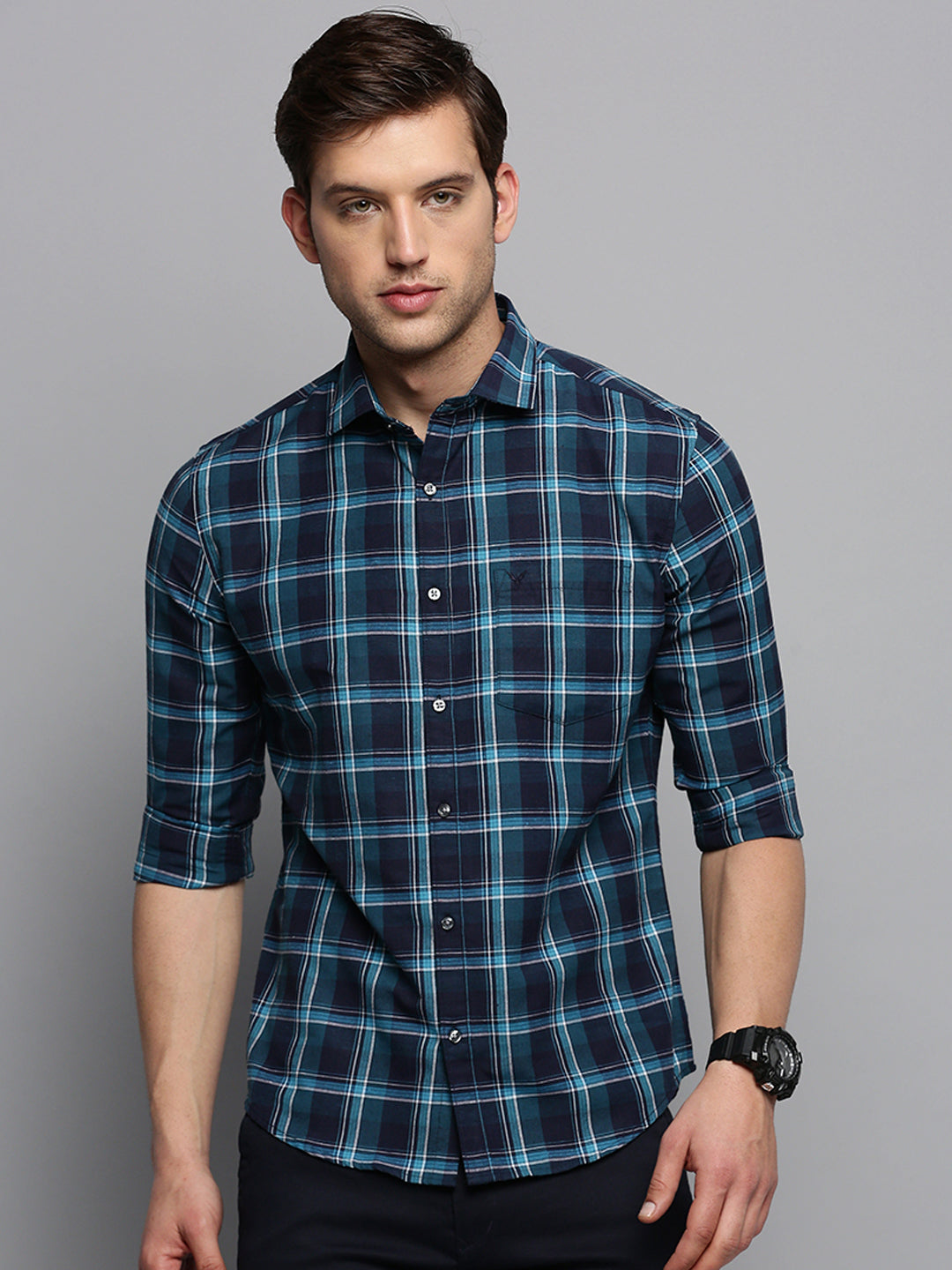 Men Navy Checked Casual Shirt