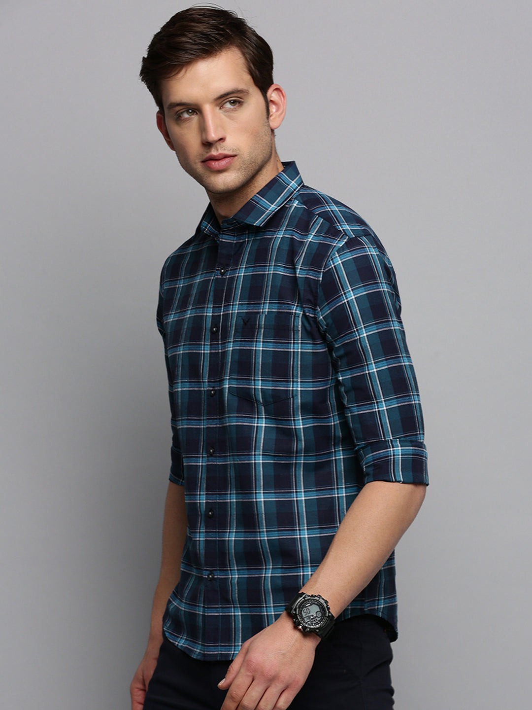 Men Navy Checked Casual Shirt