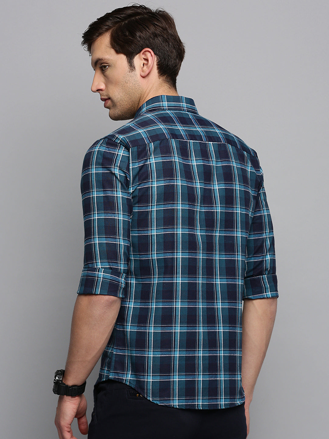 Men Navy Checked Casual Shirt