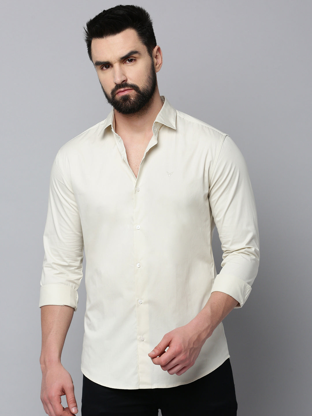 Men Cream Solid Casual Shirt