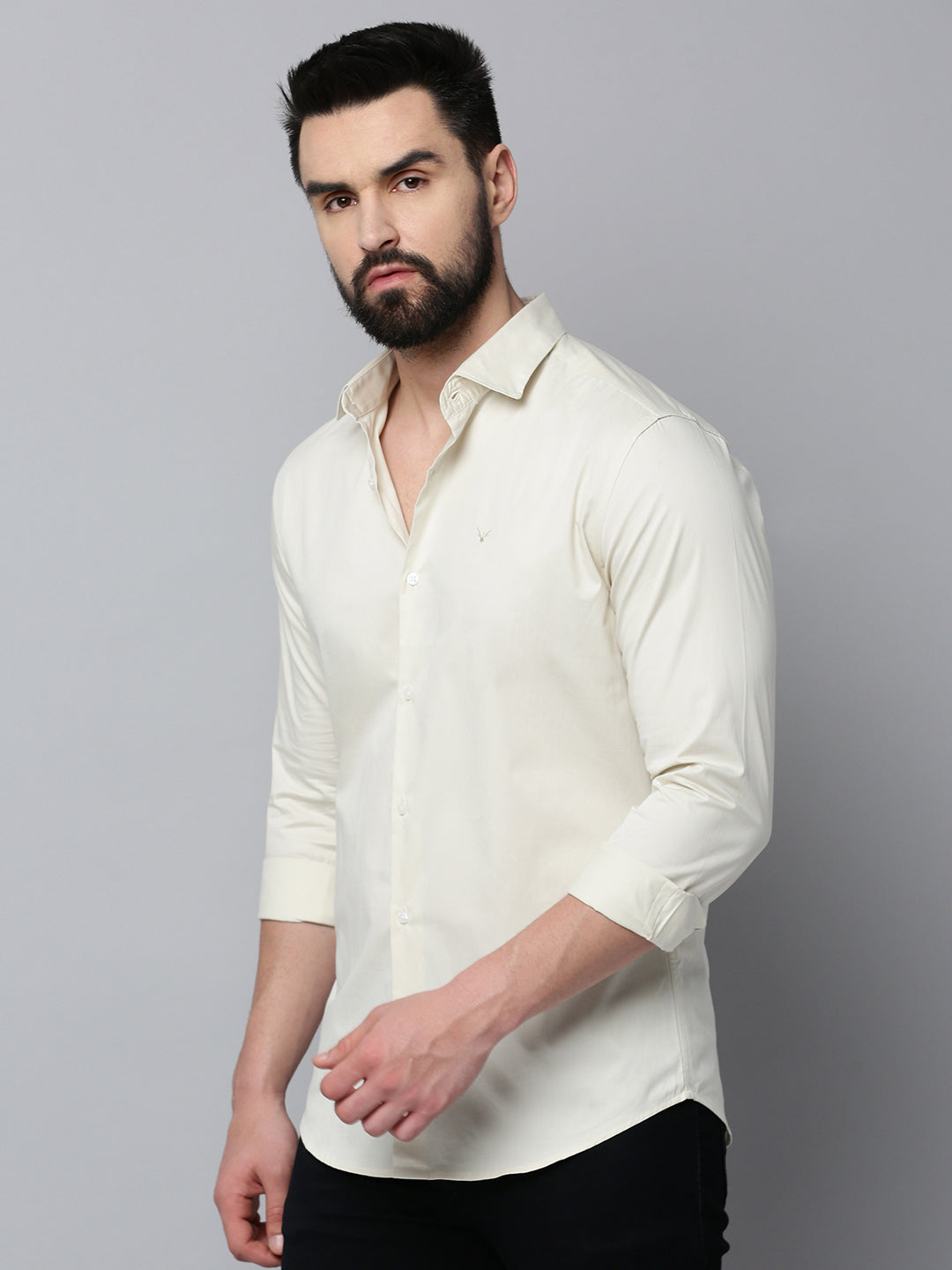 Men Cream Solid Casual Shirt