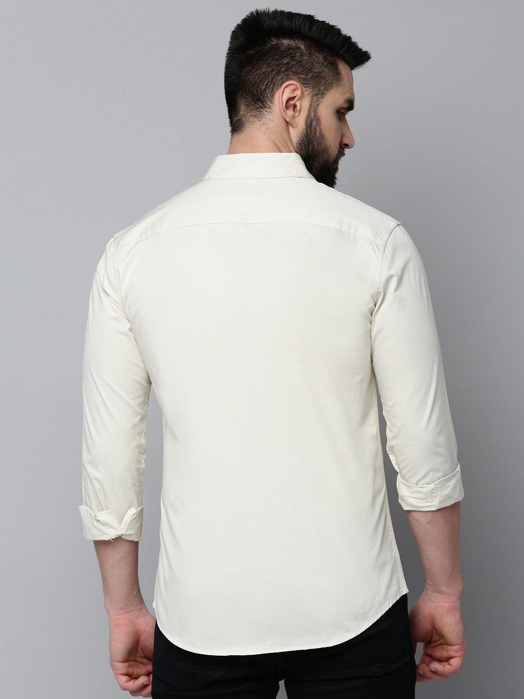 Men Cream Solid Casual Shirt