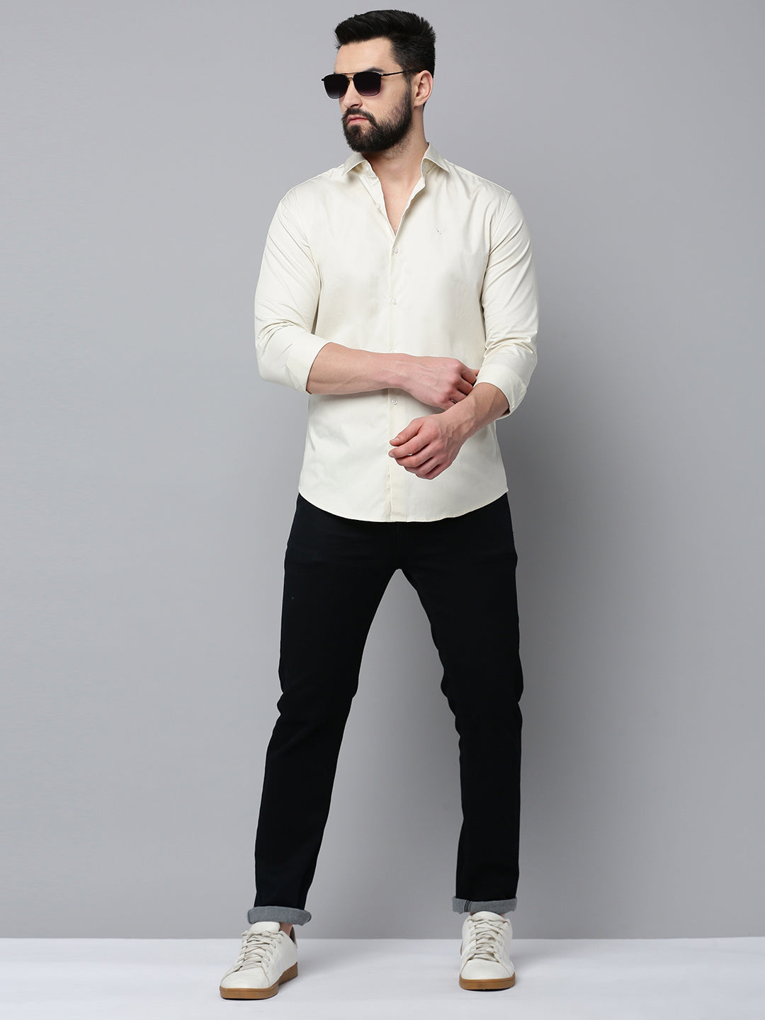 Men Cream Solid Casual Shirt