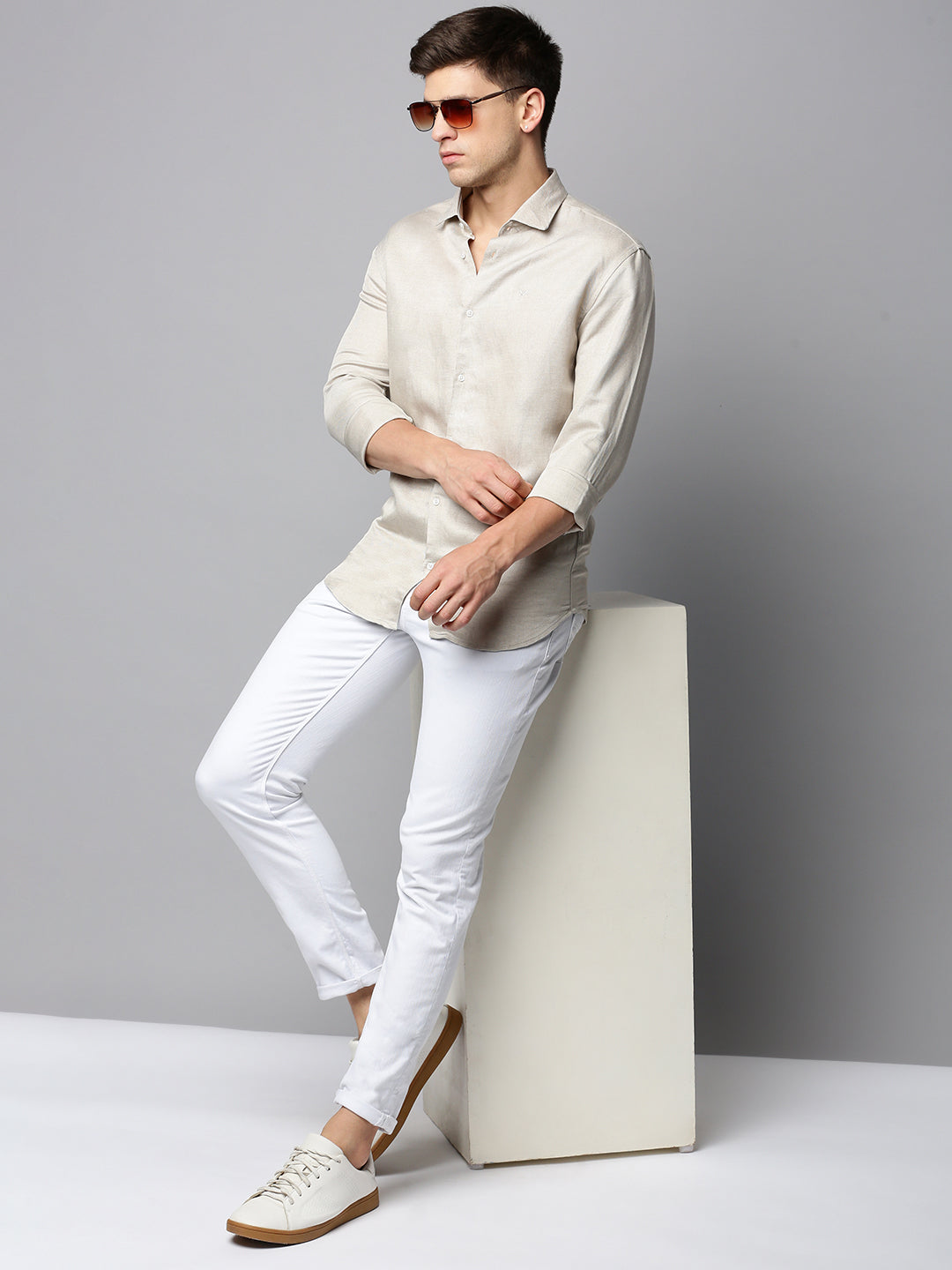 Men Beige Solid Casual Shirt