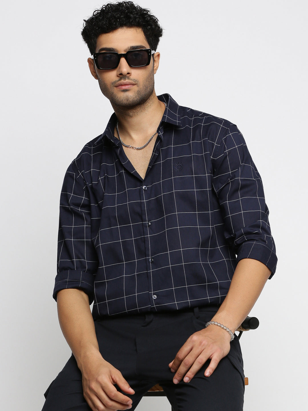 Men Navy Blue Spread Collar Windowpane Checks Shirt