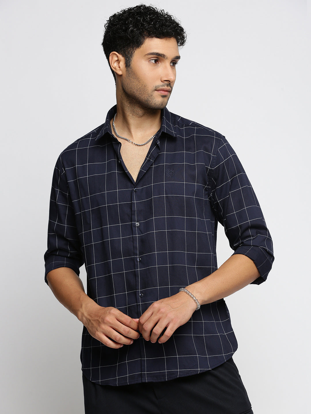 Men Navy Blue Spread Collar Windowpane Checks Shirt