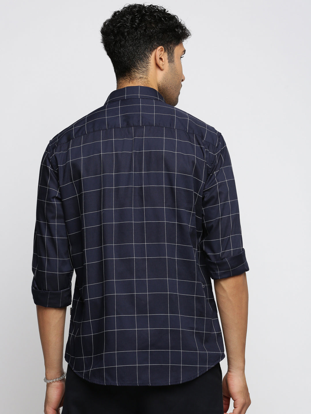 Men Navy Blue Spread Collar Windowpane Checks Shirt