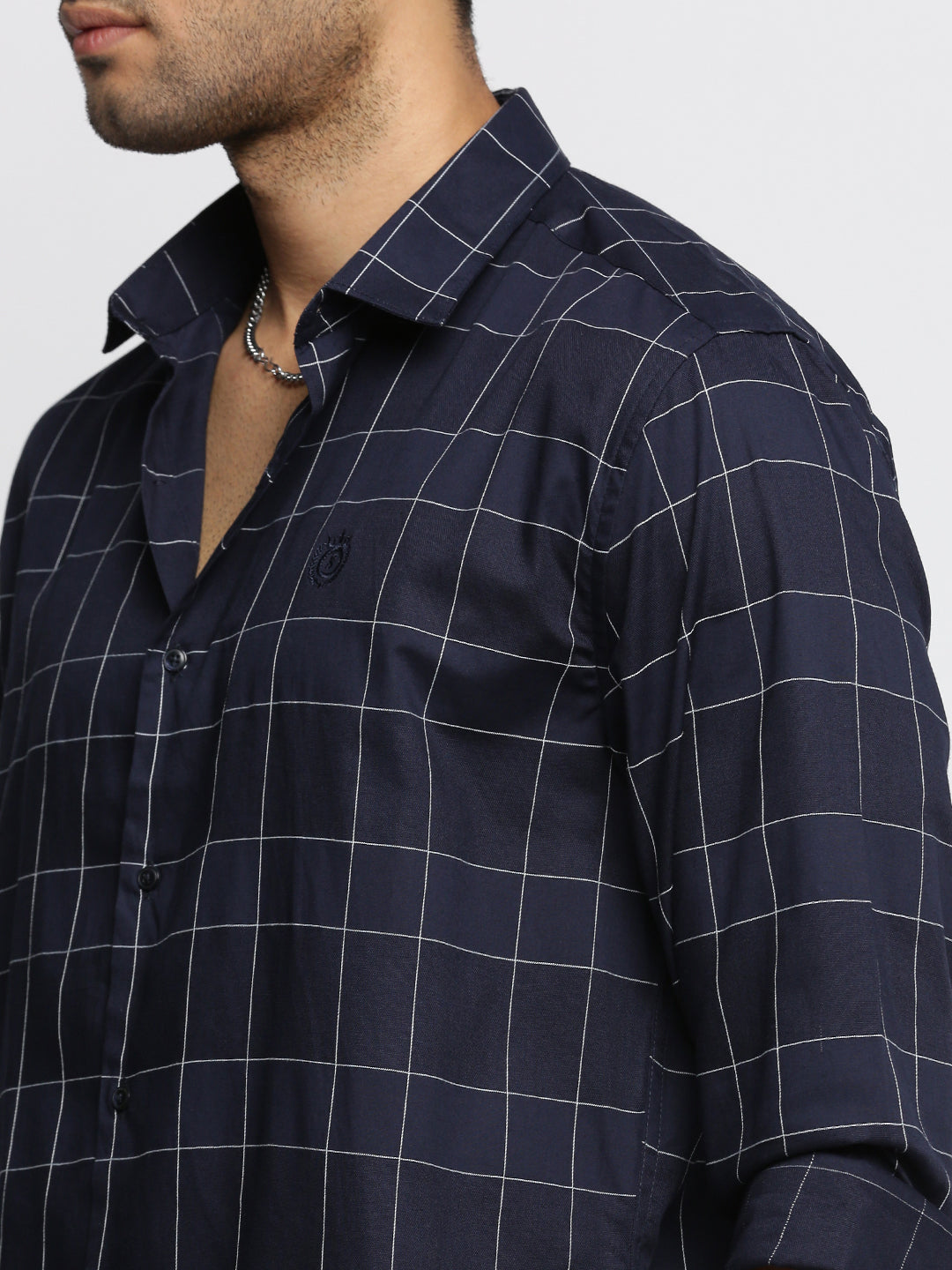 Men Navy Blue Spread Collar Windowpane Checks Shirt