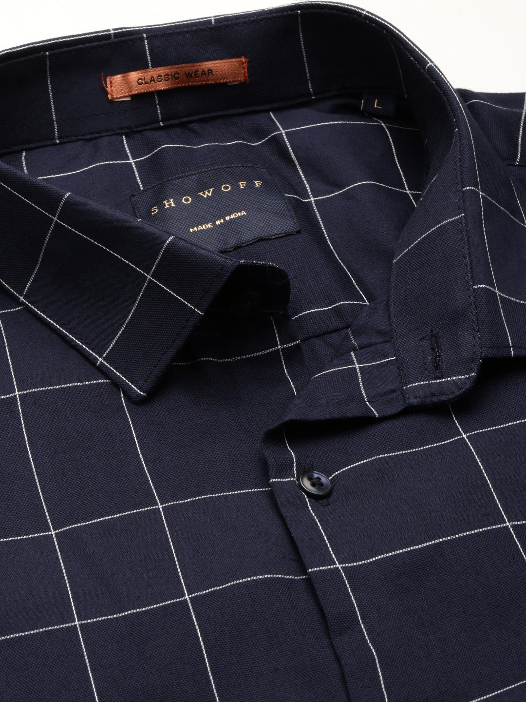 Men Navy Blue Spread Collar Windowpane Checks Shirt