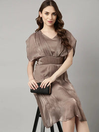Women's Beige V-Neck Pleated Georgette A-Line Dress