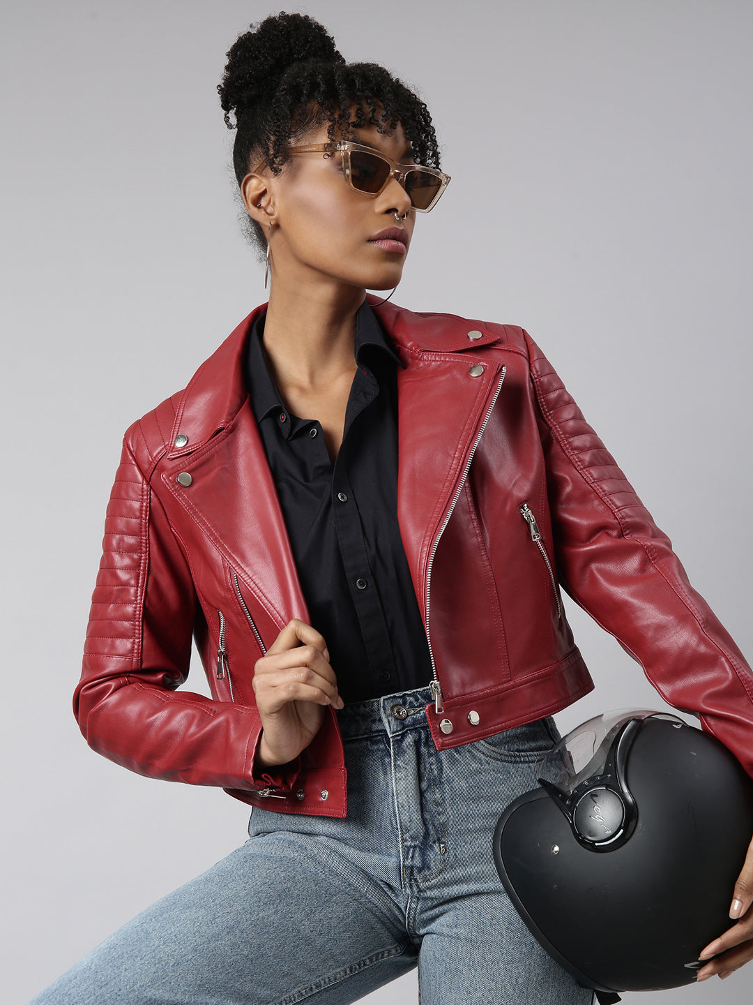 Women Solid Red Biker Jacket