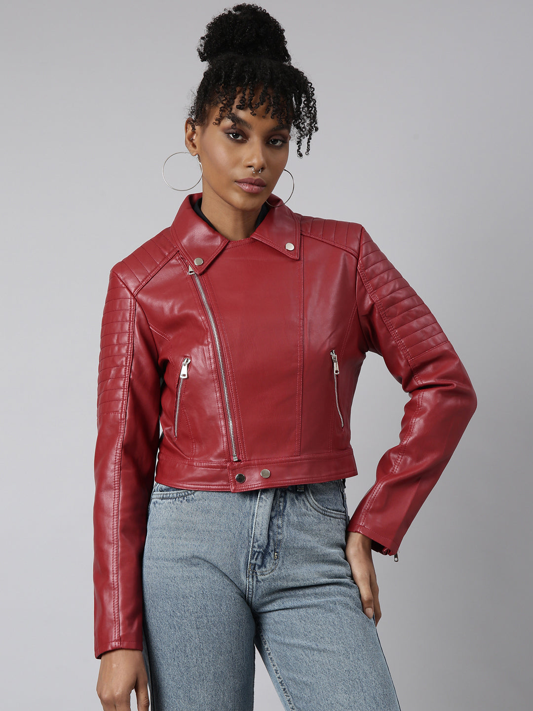 Women Solid Red Biker Jacket