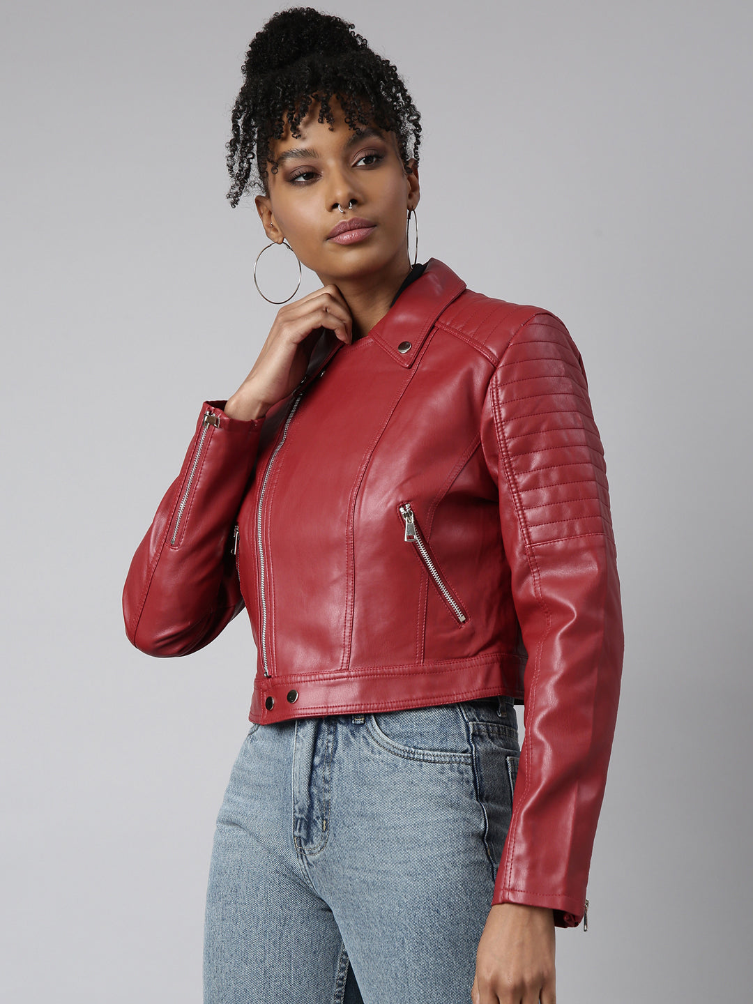 Women Solid Red Biker Jacket