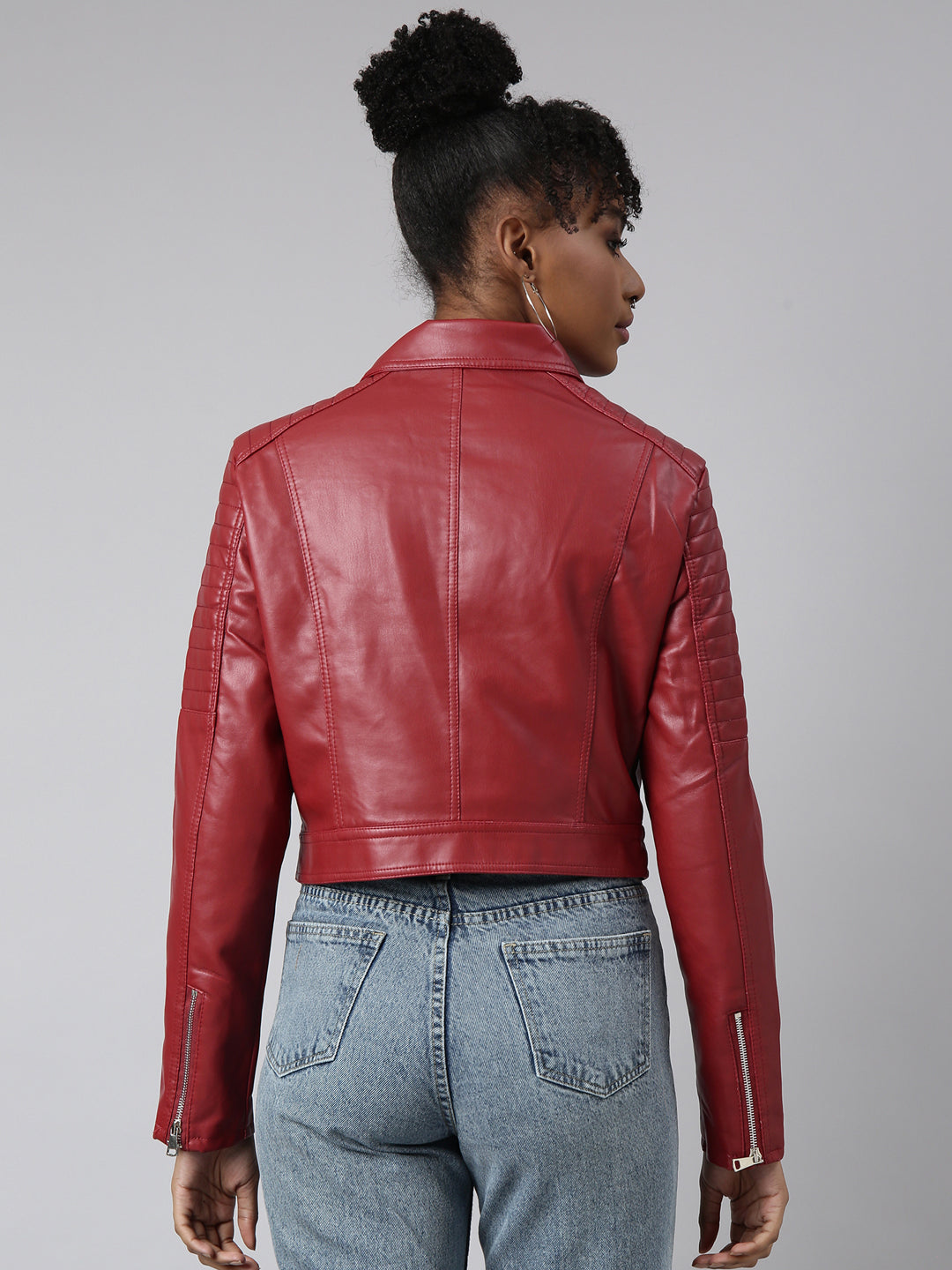 Women Solid Red Biker Jacket