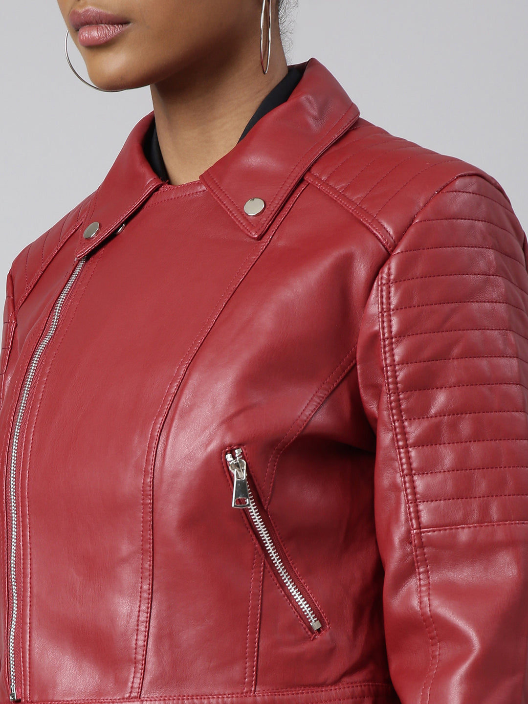 Women Solid Red Biker Jacket