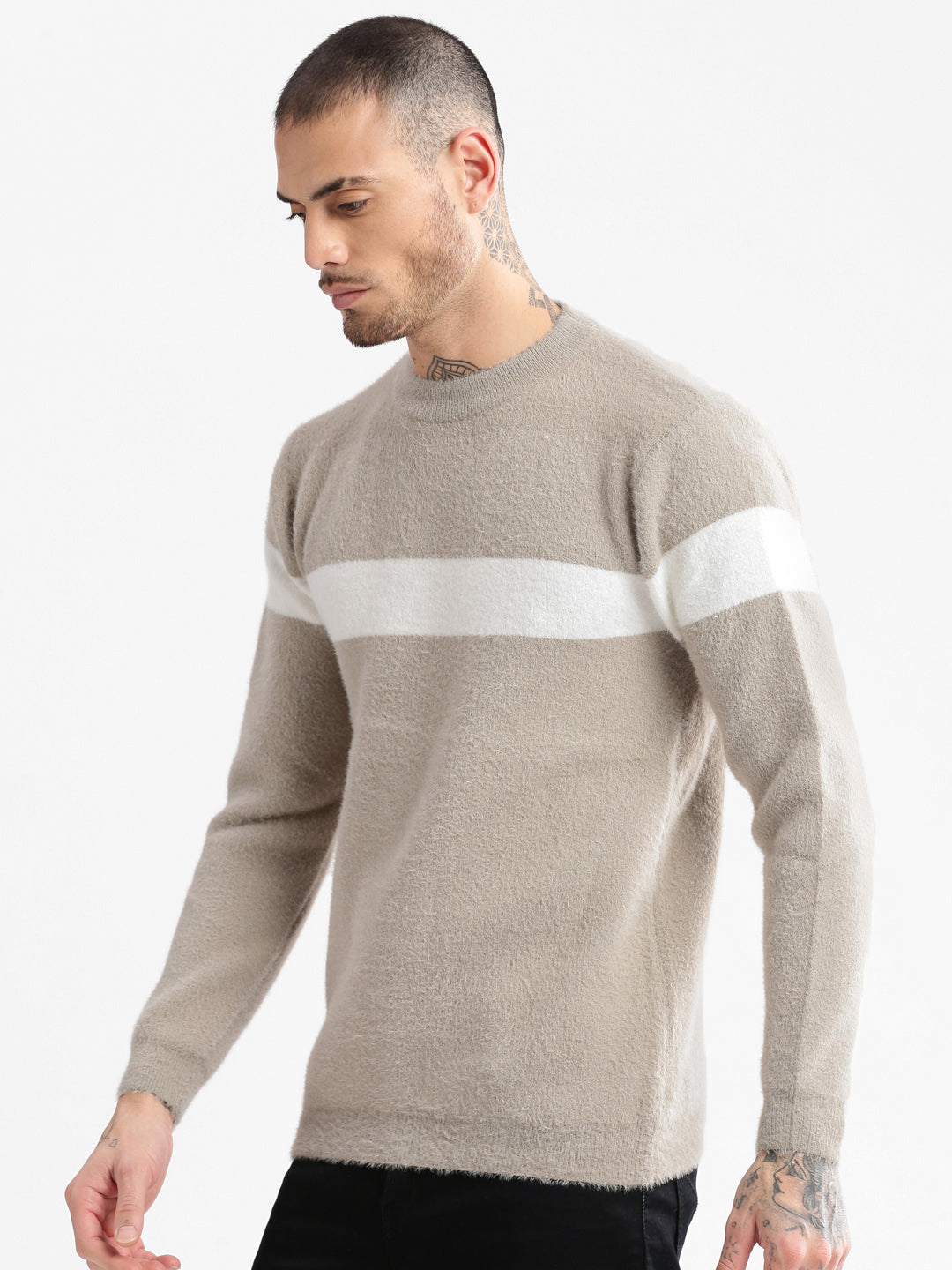 Men's Round Neck Solid Beige Pullover