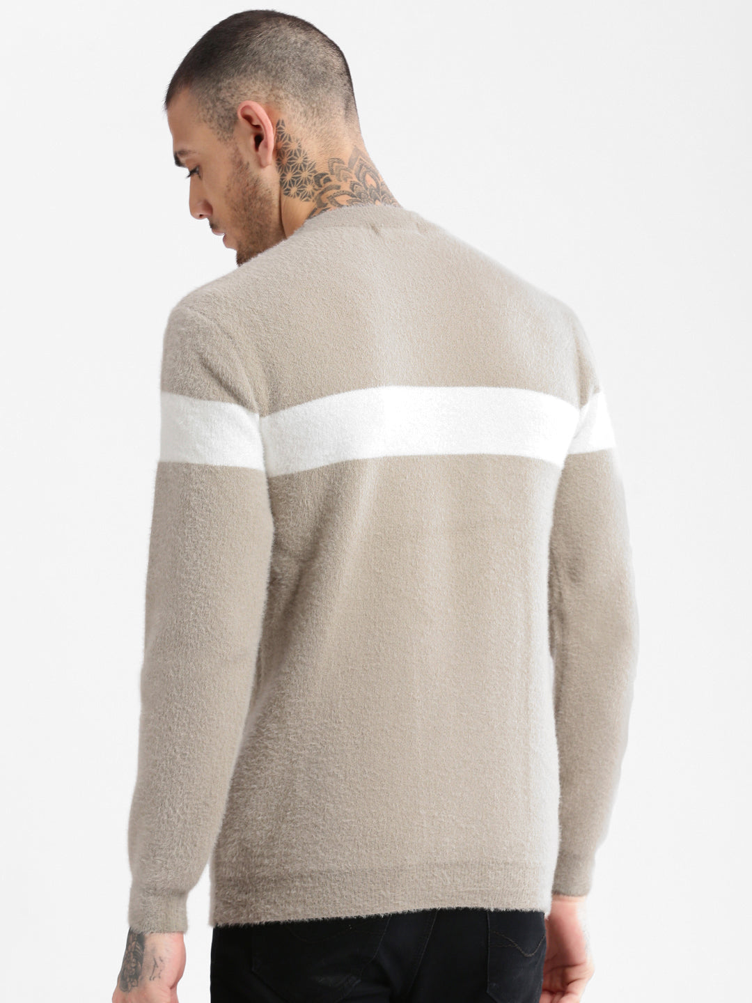 Men's Round Neck Solid Beige Pullover
