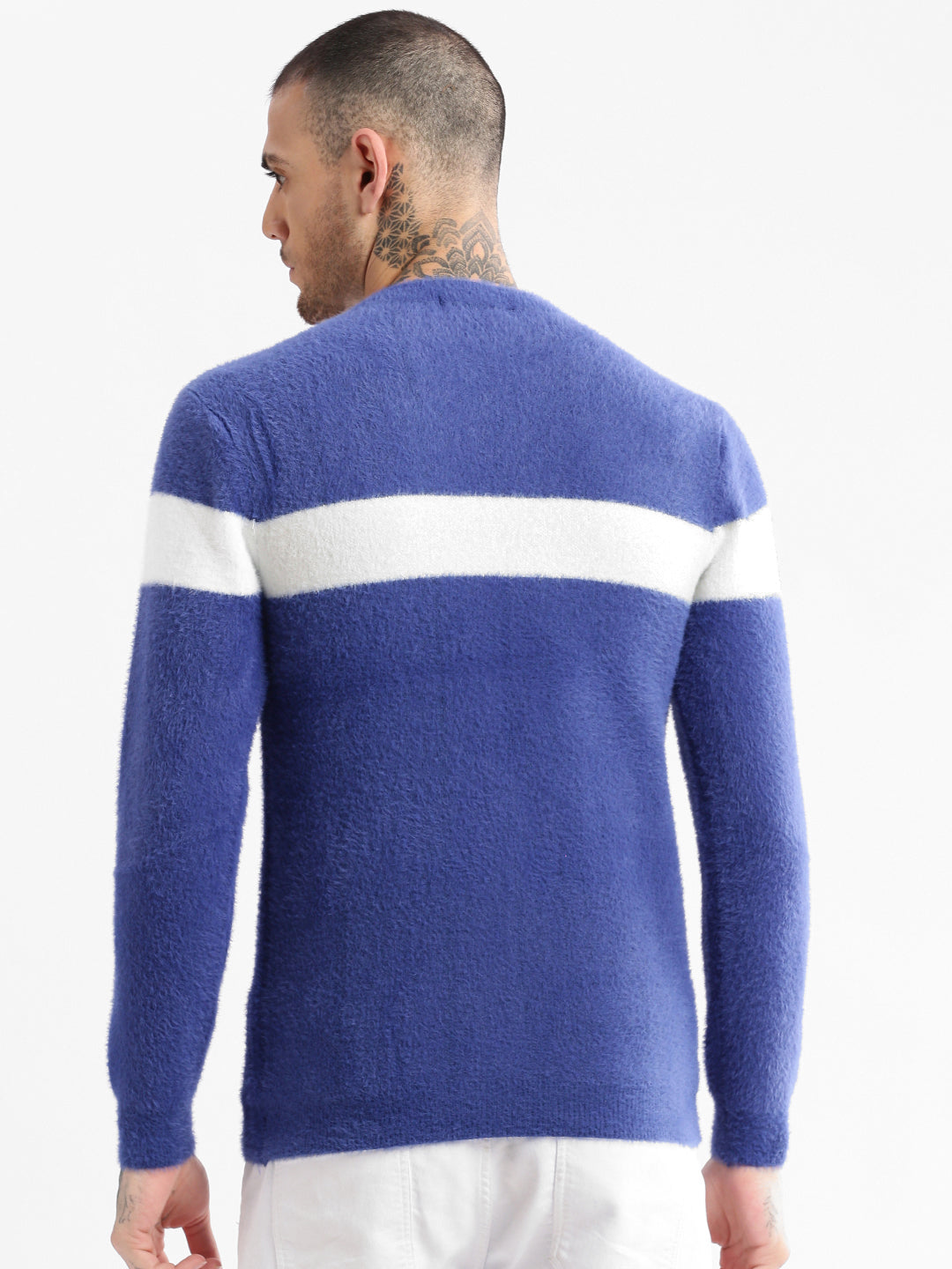 Men Round Neck Solid Blue Pullover