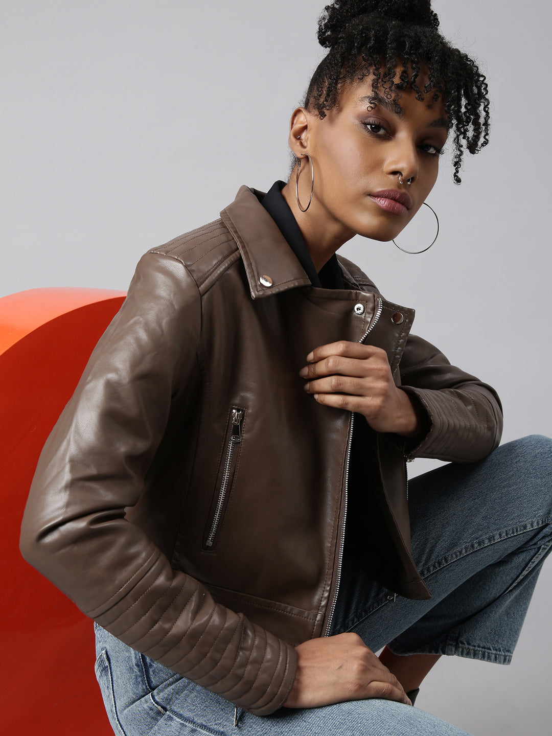 Women Solid Crop Brown Biker Jacket