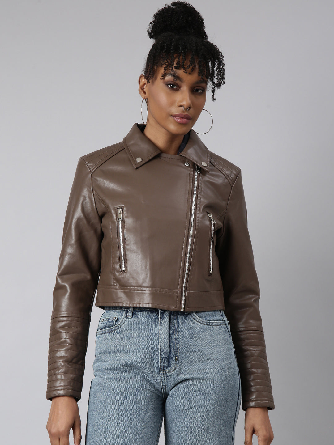 Women Solid Crop Brown Biker Jacket