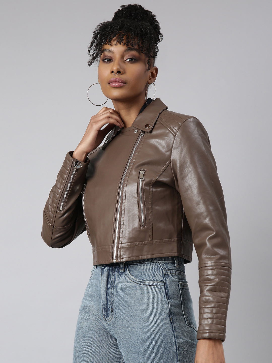 Women Solid Crop Brown Biker Jacket