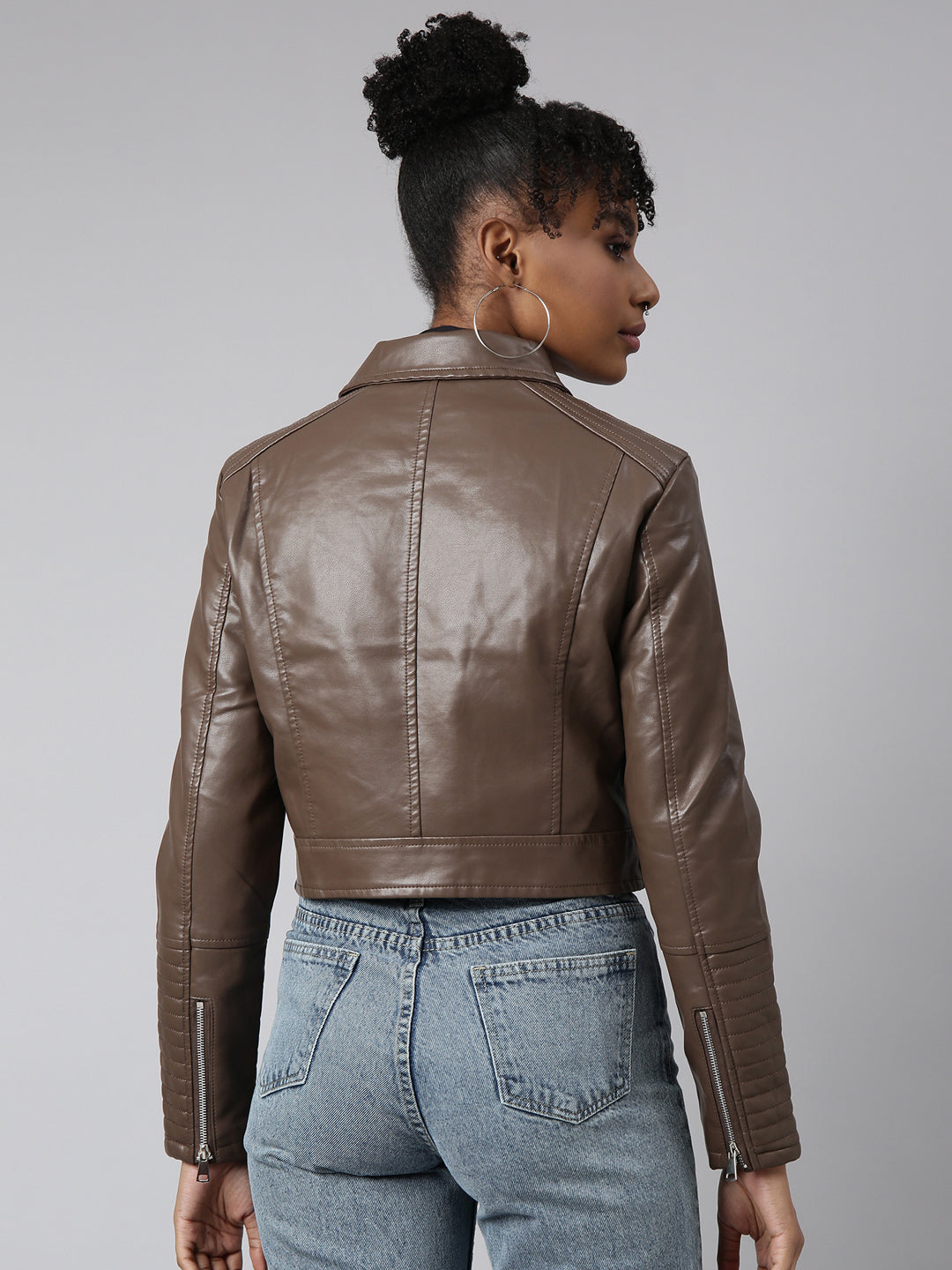 Women Solid Crop Brown Biker Jacket