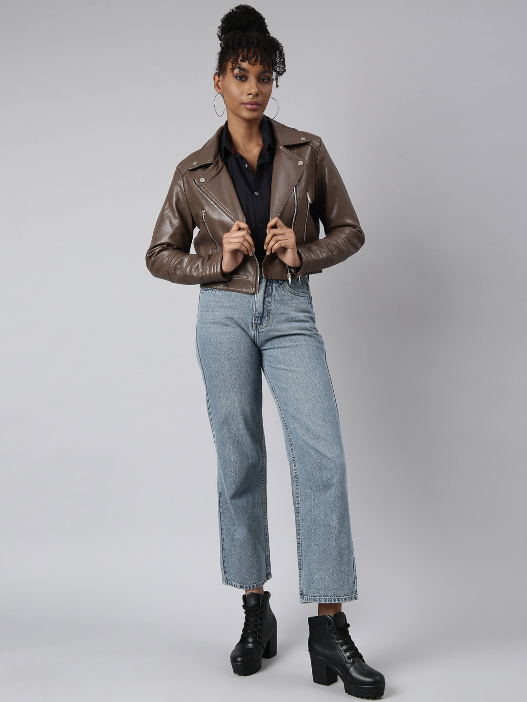 Women Solid Crop Brown Biker Jacket