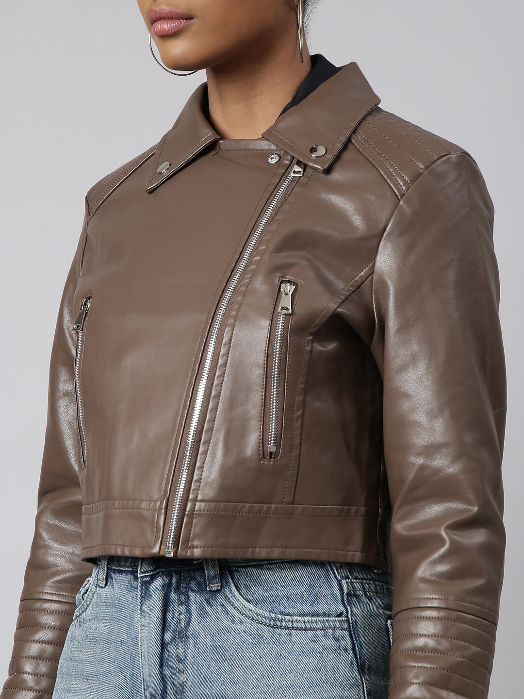 Women Solid Crop Brown Biker Jacket