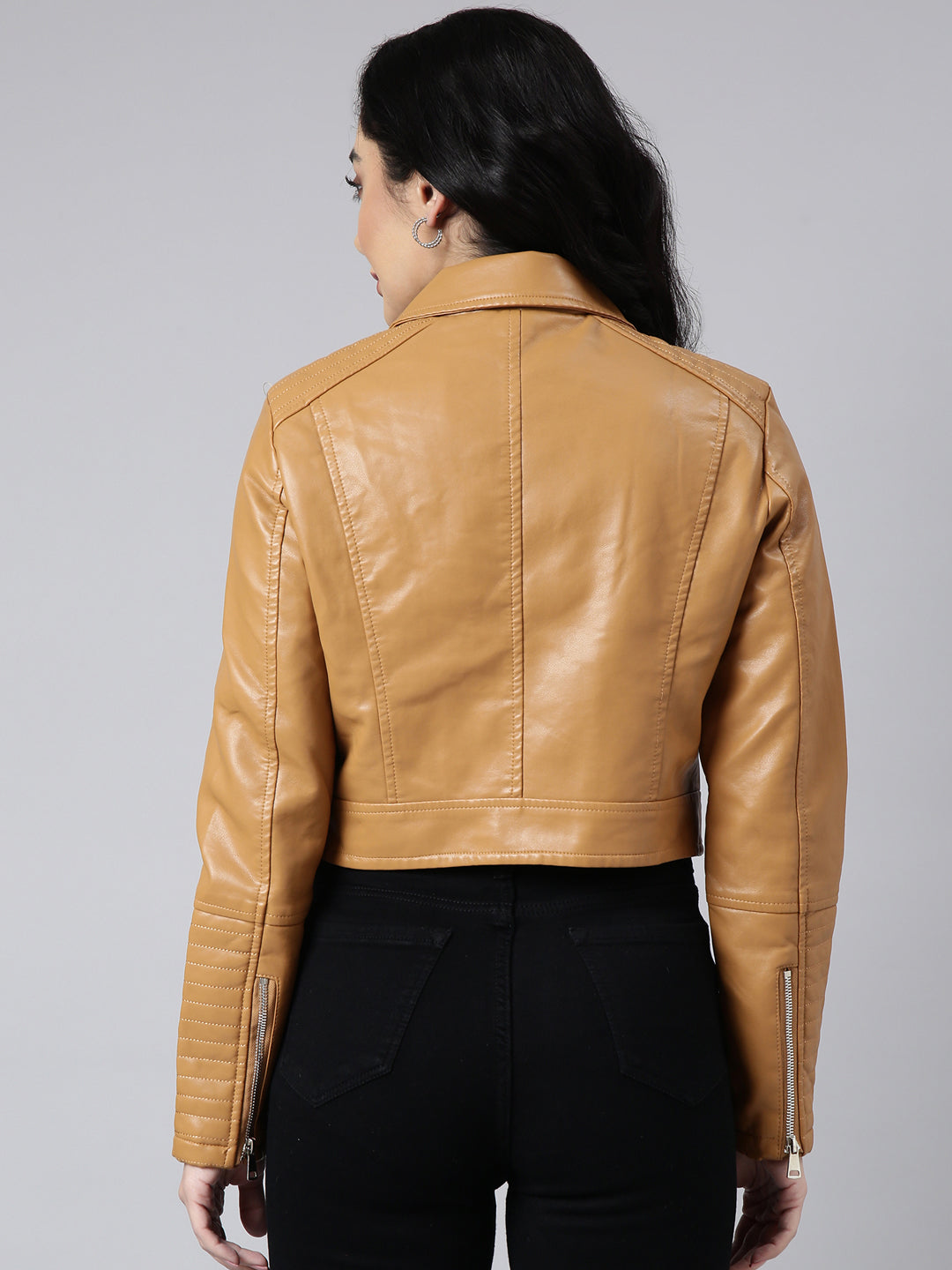 Women Solid Crop Mustard Biker Jacket