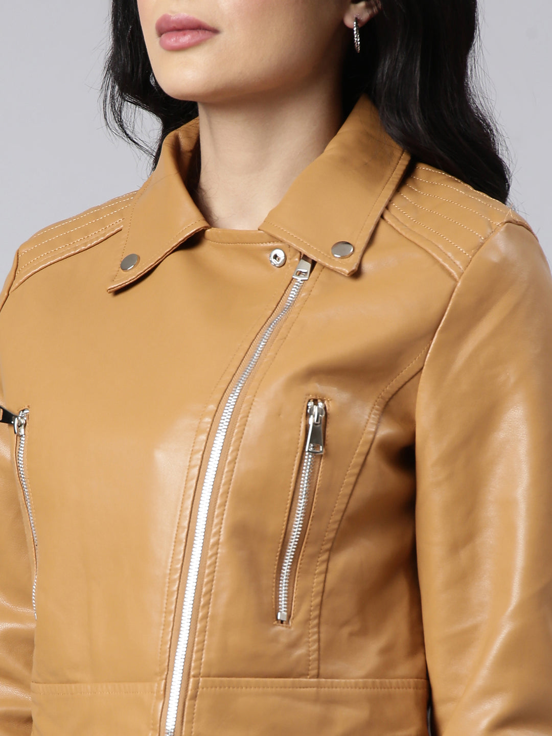 Women Solid Crop Mustard Biker Jacket