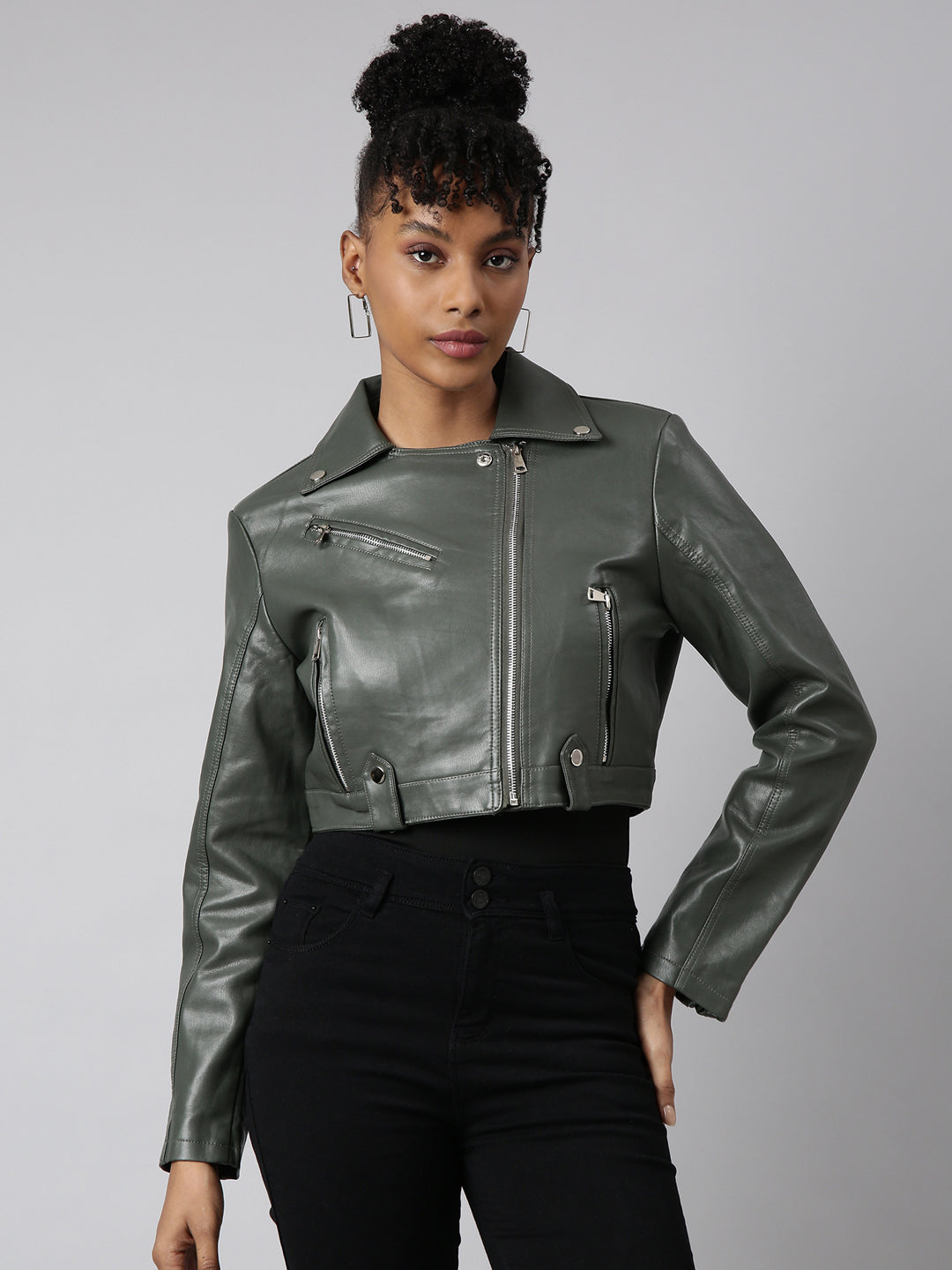 Women's Olive Spread Collar Crop Biker Jacket