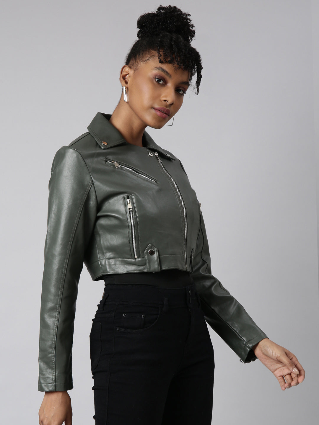 Women's Olive Spread Collar Crop Biker Jacket