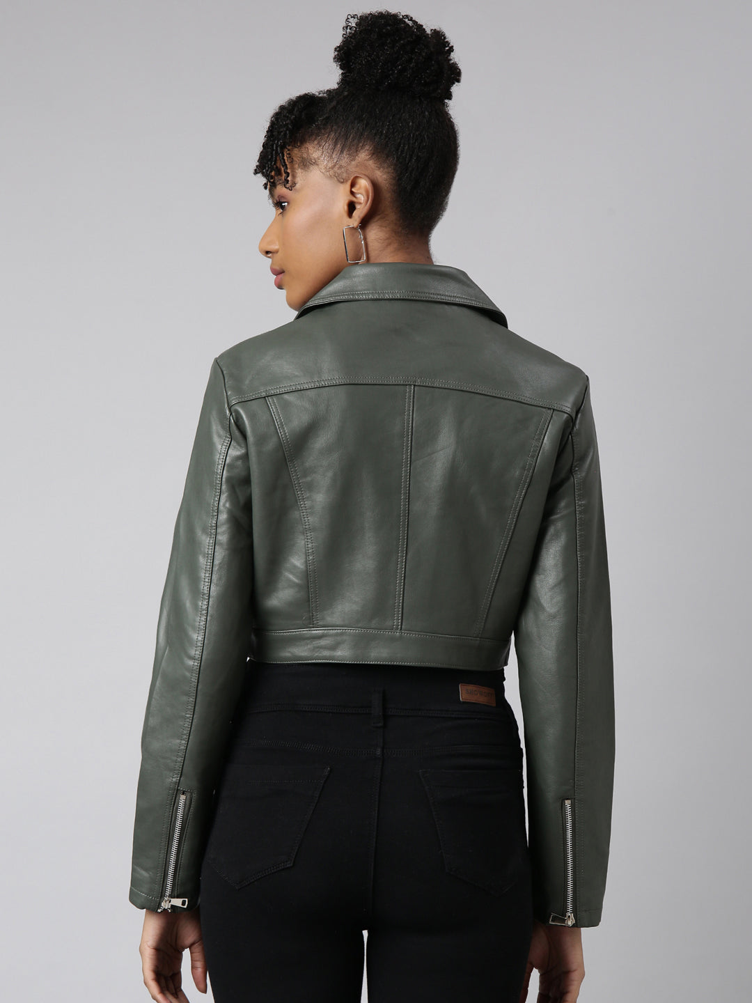 Women's Olive Spread Collar Crop Biker Jacket