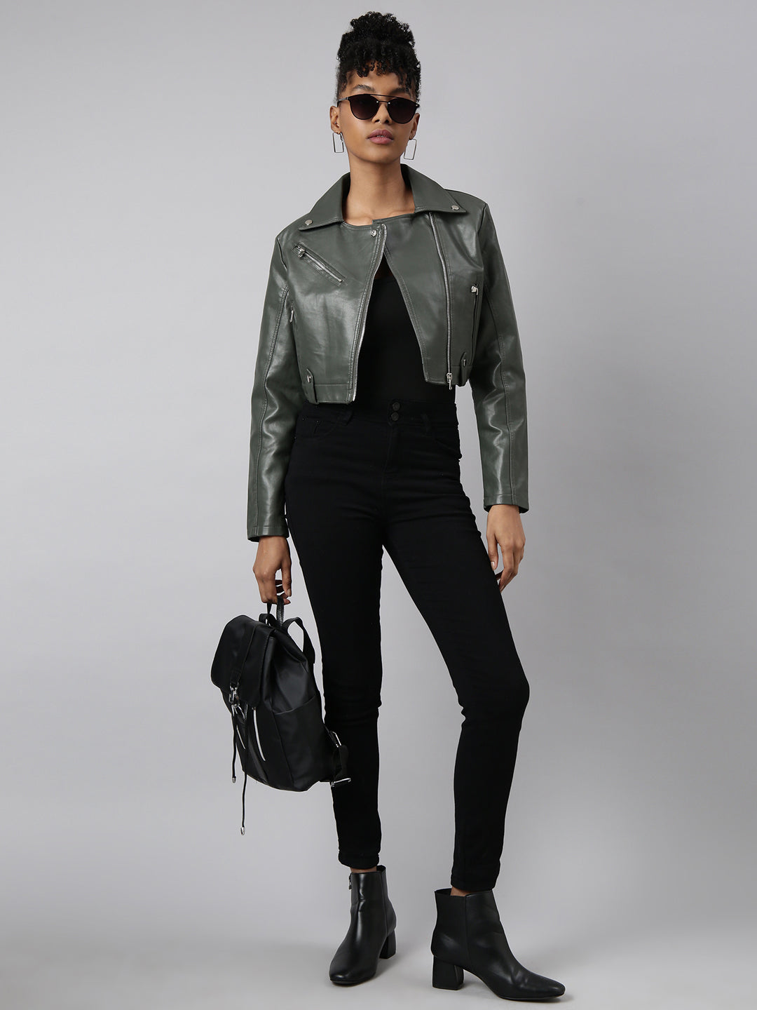 Women's Olive Spread Collar Crop Biker Jacket
